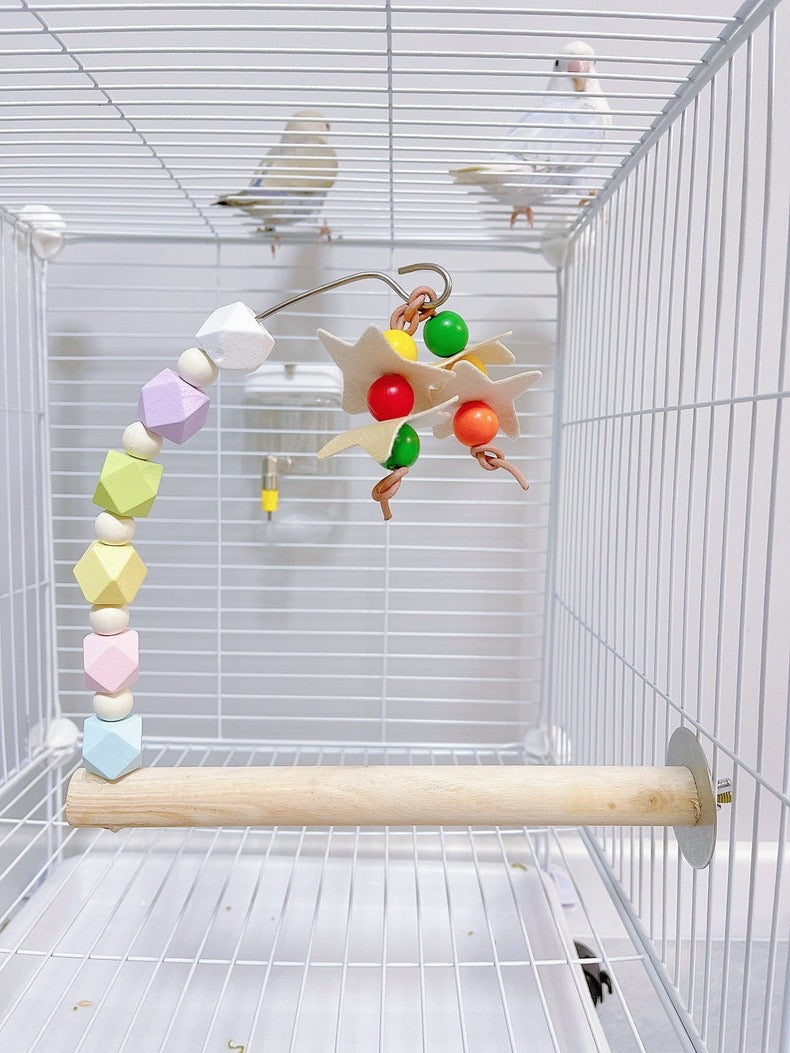 22cm Rainbow & Pastel Wooden Stand Perch with Hanging Toy Handmade Bird Parrot Toys Organic Bird Cages Accessories