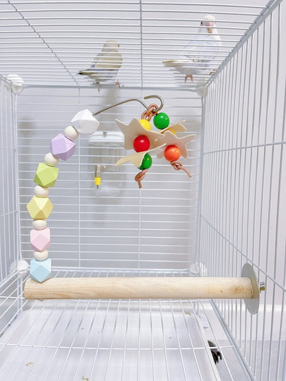 22cm Rainbow & Pastel Wooden Stand Perch with Hanging Toy Handmade Bird Parrot Toys Organic Bird Cages Accessories