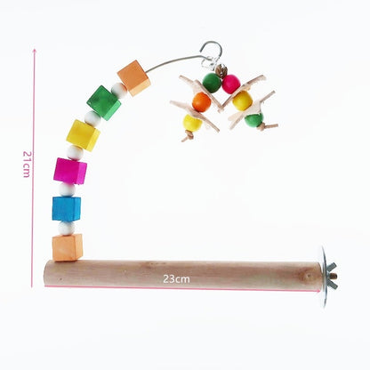 22cm Rainbow & Pastel Wooden Stand Perch with Hanging Toy Handmade Bird Parrot Toys Organic Bird Cages Accessories