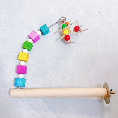 22cm Rainbow & Pastel Wooden Stand Perch with Hanging Toy Handmade Bird Parrot Toys Organic Bird Cages Accessories