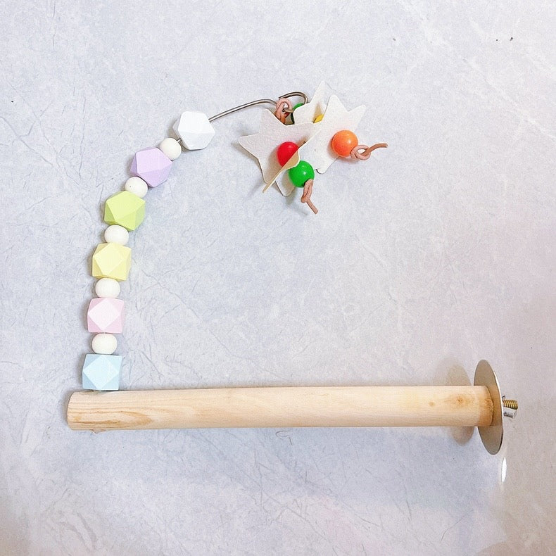 22cm Rainbow & Pastel Wooden Stand Perch with Hanging Toy Handmade Bird Parrot Toys Organic Bird Cages Accessories