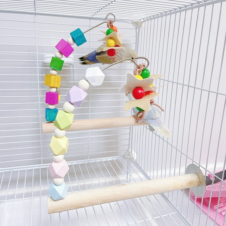 22cm Rainbow & Pastel Wooden Stand Perch with Hanging Toy Handmade Bird Parrot Toys Organic Bird Cages Accessories