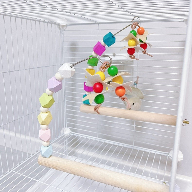 22cm Rainbow & Pastel Wooden Stand Perch with Hanging Toy Handmade Bird Parrot Toys Organic Bird Cages Accessories