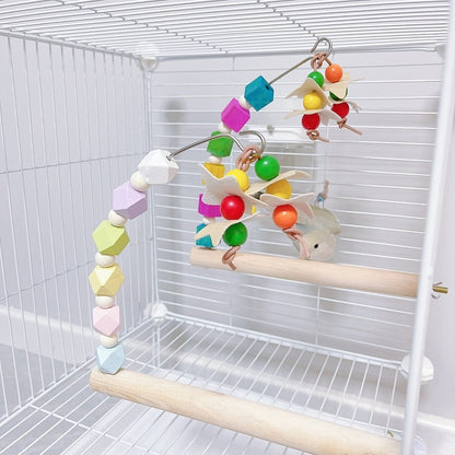 22cm Rainbow & Pastel Wooden Stand Perch with Hanging Toy Handmade Bird Parrot Toys Organic Bird Cages Accessories