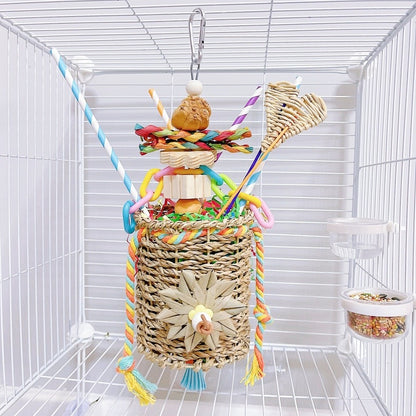 25cm Tropical Series Drink Big Seagrass Basket Toy and Toy Box for Big Medium Parrot Amazon African Grey Parrot