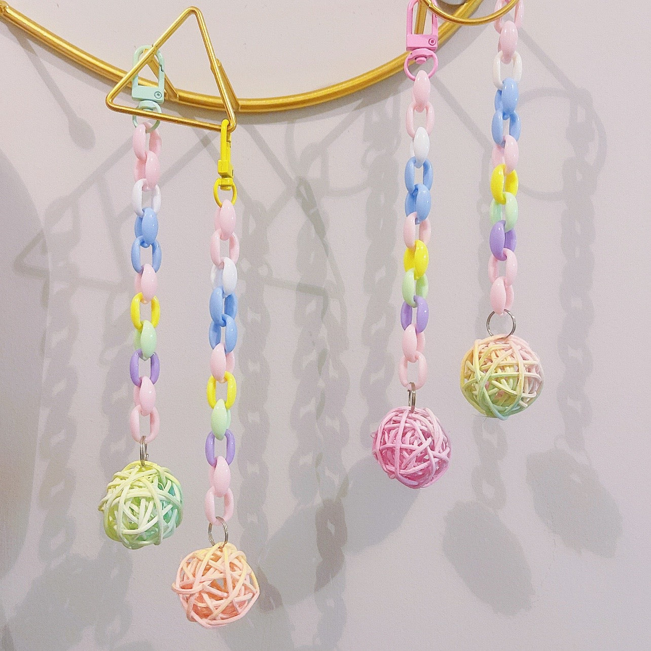 Set of 4 20cm Pastel Colourful with Takraw Ball Hanging Toy Handmade Bird Toys Organic Bird Cages Accessories