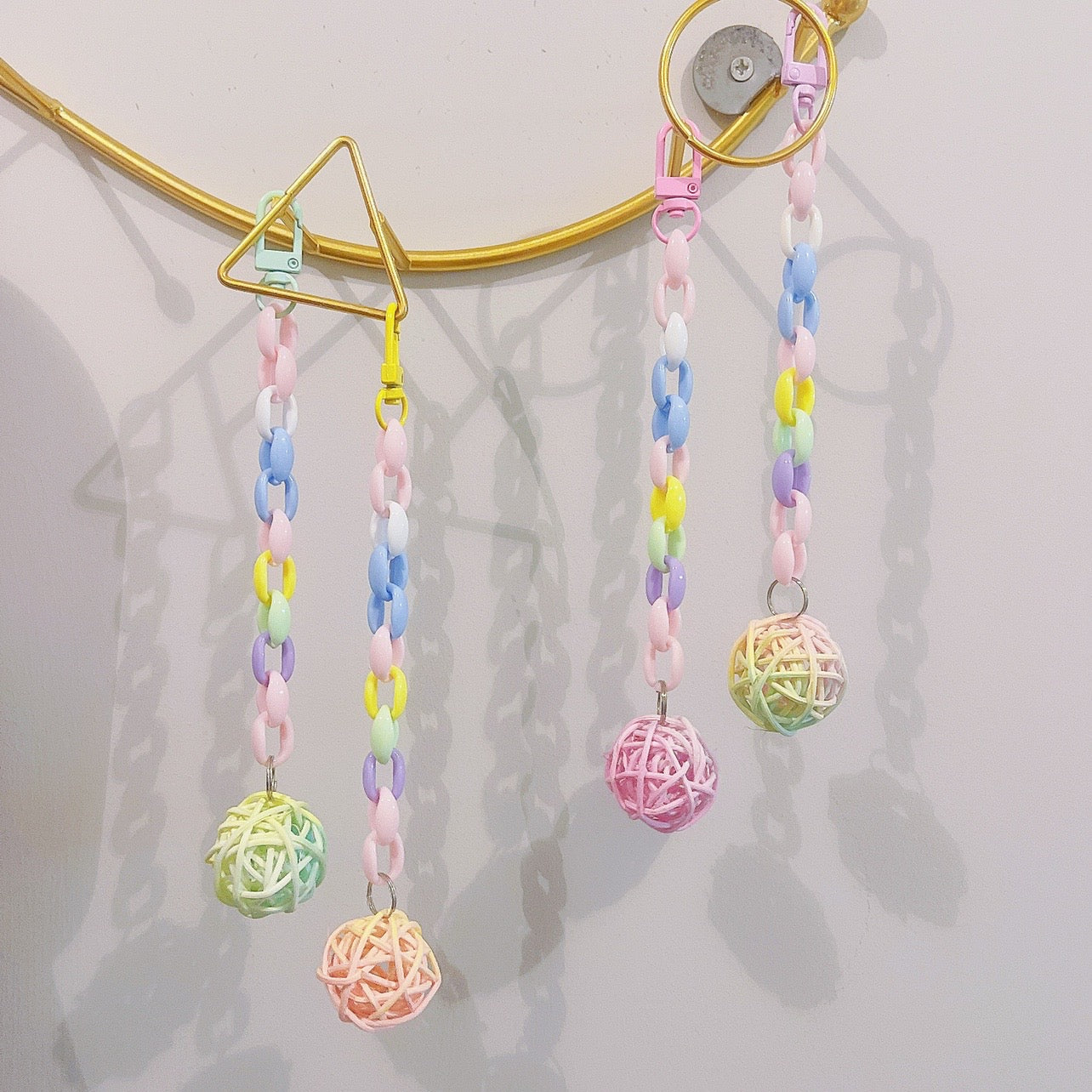 Set of 4 20cm Pastel Colourful with Takraw Ball Hanging Toy Handmade Bird Toys Organic Bird Cages Accessories