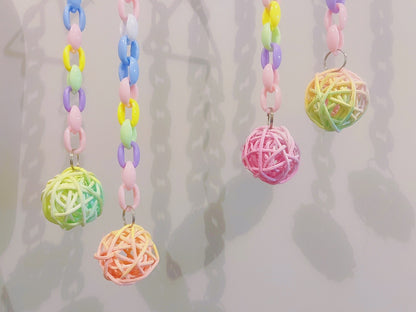 Set of 4 20cm Pastel Colourful with Takraw Ball Hanging Toy Handmade Bird Toys Organic Bird Cages Accessories