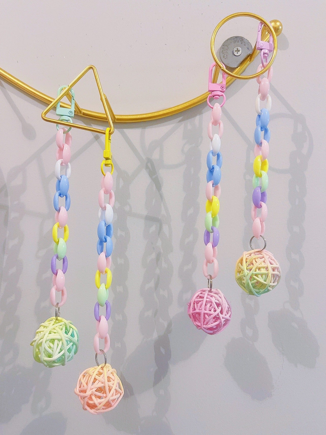 Set of 4 20cm Pastel Colourful with Takraw Ball Hanging Toy Handmade Bird Toys Organic Bird Cages Accessories