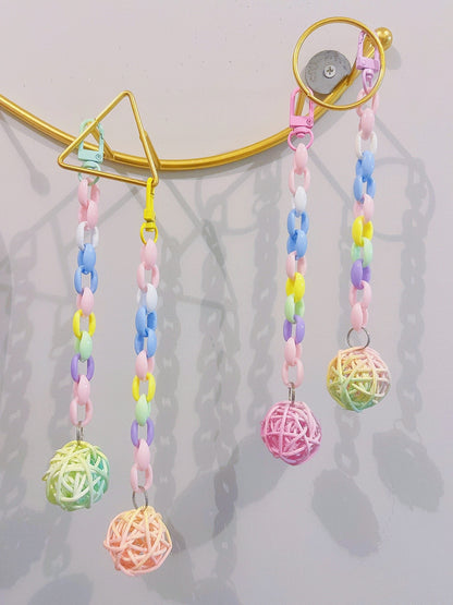 Set of 4 20cm Pastel Colourful with Takraw Ball Hanging Toy Handmade Bird Toys Organic Bird Cages Accessories