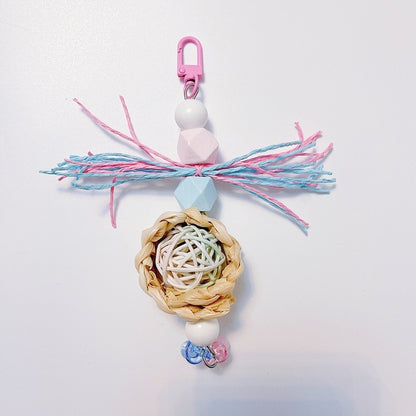 15cm Pastel Colour Takraw Ball with Corn Husk Hanging Toy Handmade Bird Toys Organic Bird Cages Accessories