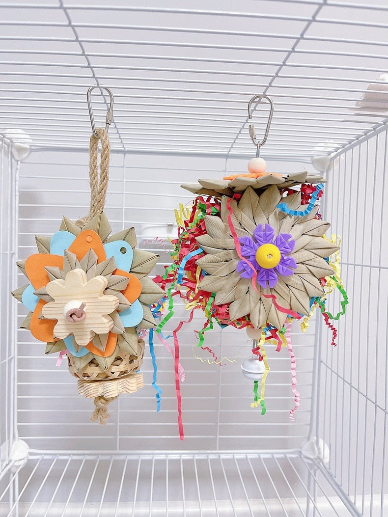 25cm Flower Serise Palm Leaf with Raffia Paper Sunflower Basket Parrot Toys Hanging Toy Handmade Bird Toys Organic Bird Cages