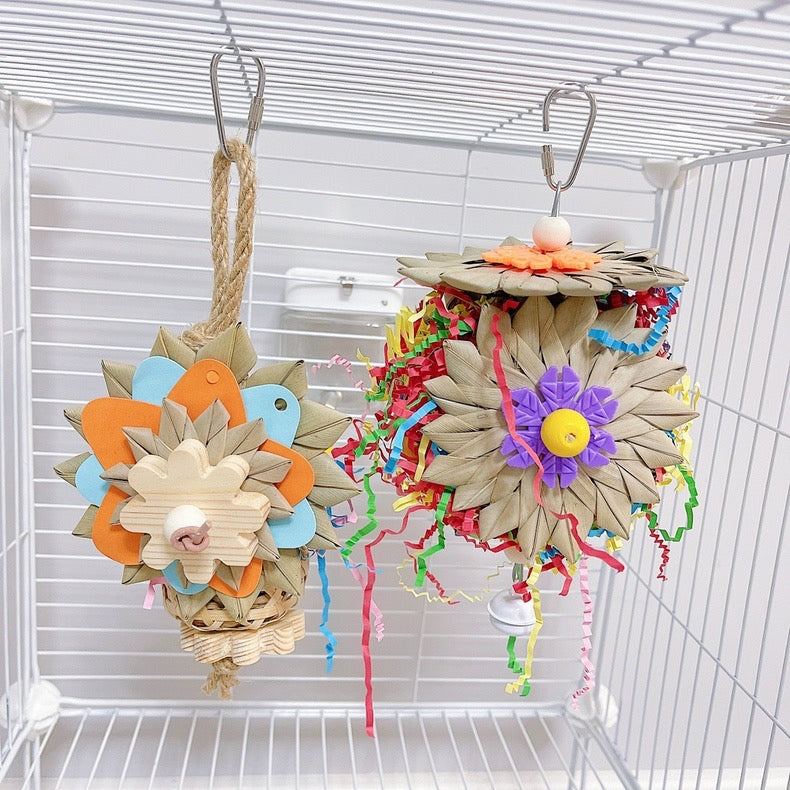 25cm Flower Serise Palm Leaf with Raffia Paper Sunflower Basket Parrot Toys Hanging Toy Handmade Bird Toys Organic Bird Cages