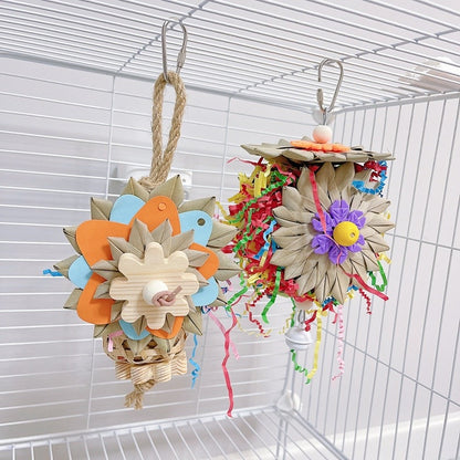 25cm Flower Serise Palm Leaf with Raffia Paper Sunflower Basket Parrot Toys Hanging Toy Handmade Bird Toys Organic Bird Cages