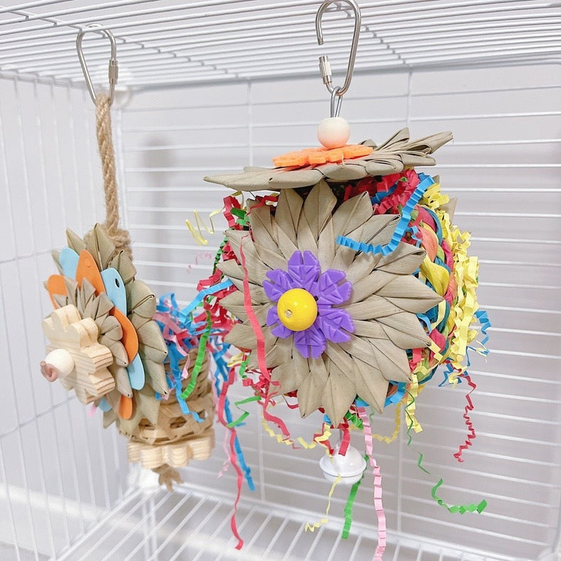 25cm Flower Serise Palm Leaf with Raffia Paper Sunflower Basket Parrot Toys Hanging Toy Handmade Bird Toys Organic Bird Cages