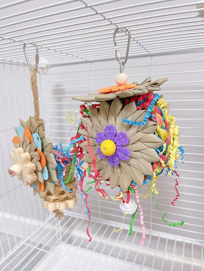 25cm Flower Serise Palm Leaf with Raffia Paper Sunflower Basket Parrot Toys Hanging Toy Handmade Bird Toys Organic Bird Cages