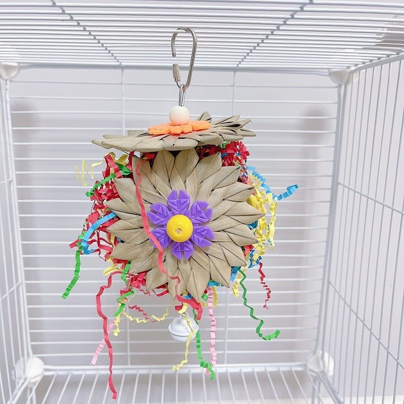 25cm Flower Serise Palm Leaf with Raffia Paper Sunflower Basket Parrot Toys Hanging Toy Handmade Bird Toys Organic Bird Cages