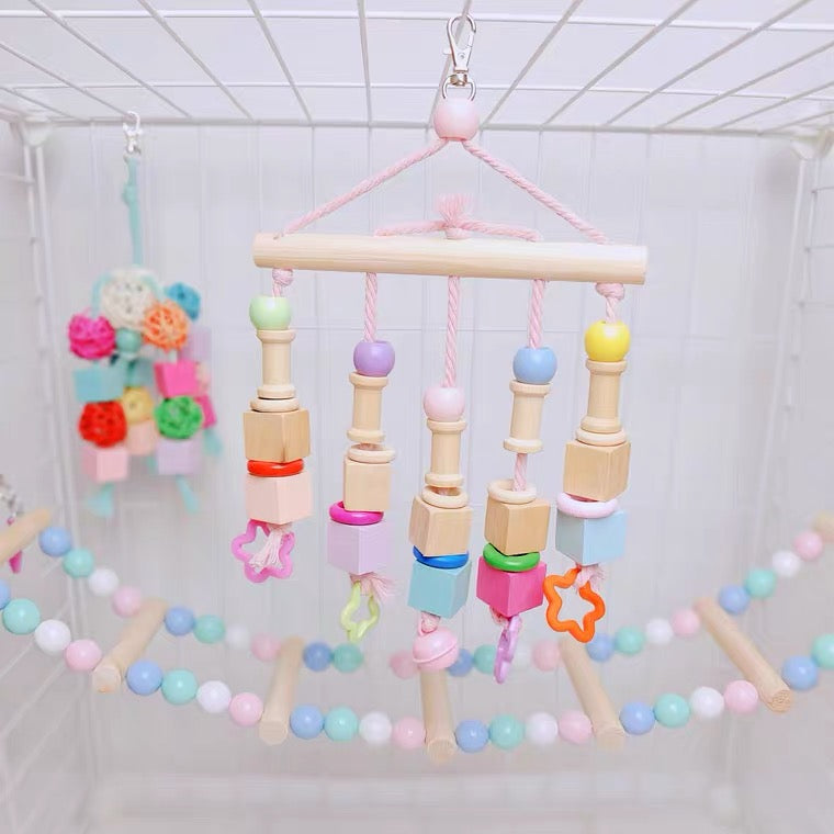 20x20cm Kawaii Style Line up Hanging Toy with Stars and Bell Birdcage Decorative Parrot Toys Handmade Bird Organic Bird Cages Accessories