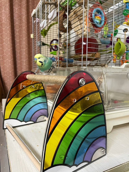 Handmade Rainbow Acrylic Stand with Wooden Branch Organic Bird Cages Accessories Lovebird Budgie Pacific Parrotlet