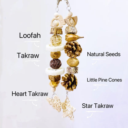 Natural Seeds with Takraw Loofah Bite Hanging Natural Parrot Birdie Toy for Small Medium Size Parrot Cages Accessories