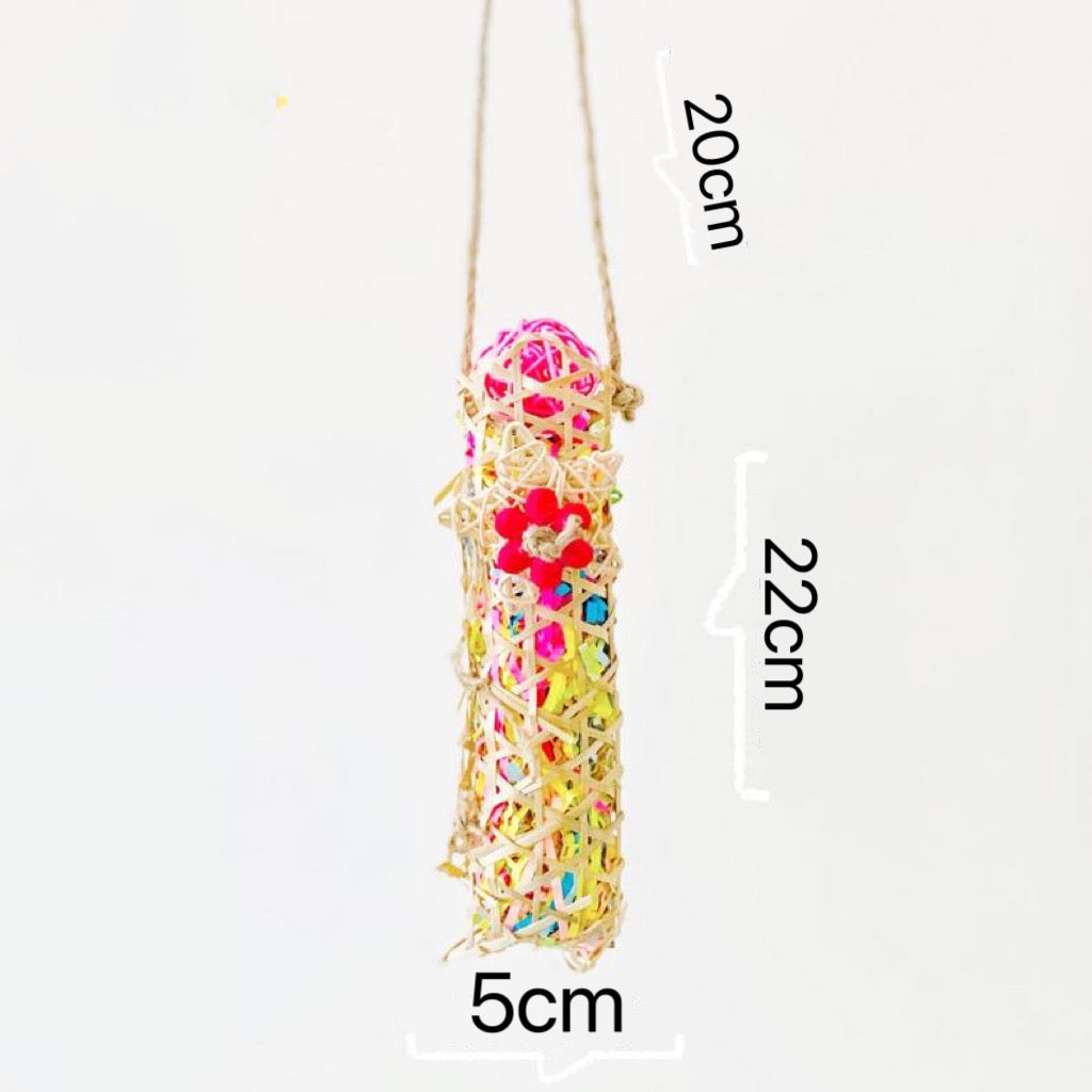 Colourful Style Raffia Paper with Bamboo Flower Star and Bell Bite Hanging Natural Parrot Birdie Toy Small Medium Parrot Cages Accessories