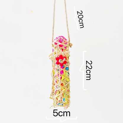 Colourful Style Raffia Paper with Bamboo Flower Star and Bell Bite Hanging Natural Parrot Birdie Toy Small Medium Parrot Cages Accessories