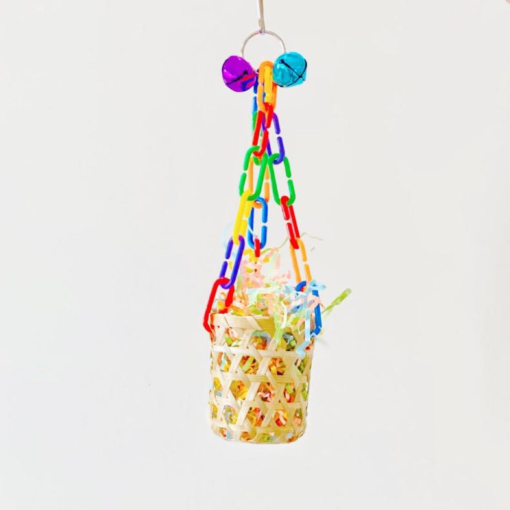 26cm Bamboo Basket with Raffia Paper Bell Parrot Toys Hanging Toy