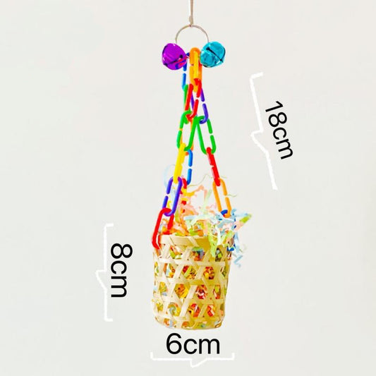 Bamboo Basket with Raffia Paper Bell Parrot Toys Hanging Toy