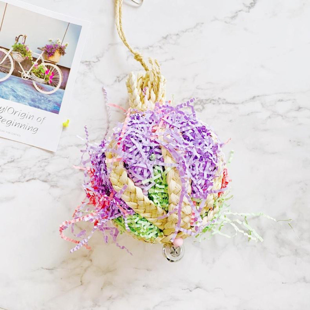 Colour Takraw 15cm Big Ball Shape Corn Leaf with Raffia Paper Parrot Toys Hanging Toy Handmade Bird Toys Organic Bird Cages