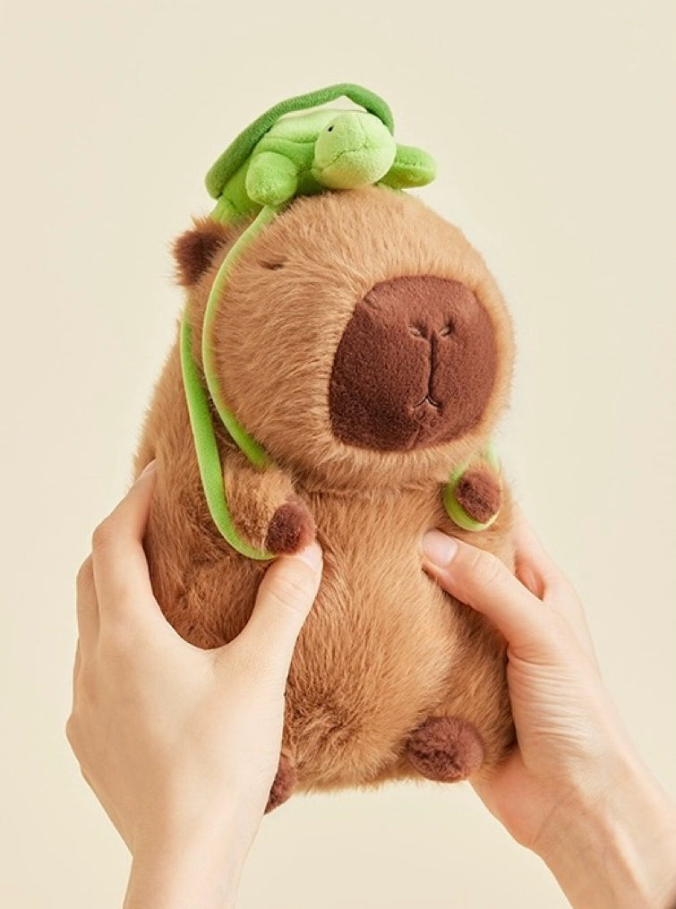 The Green Party Capybara Plush Doll | with Backpack Turtle and Orange  - 13cm 23cm 45cm 65cm Children Gift Animal mini Plush Doll Keychain Plush Doll