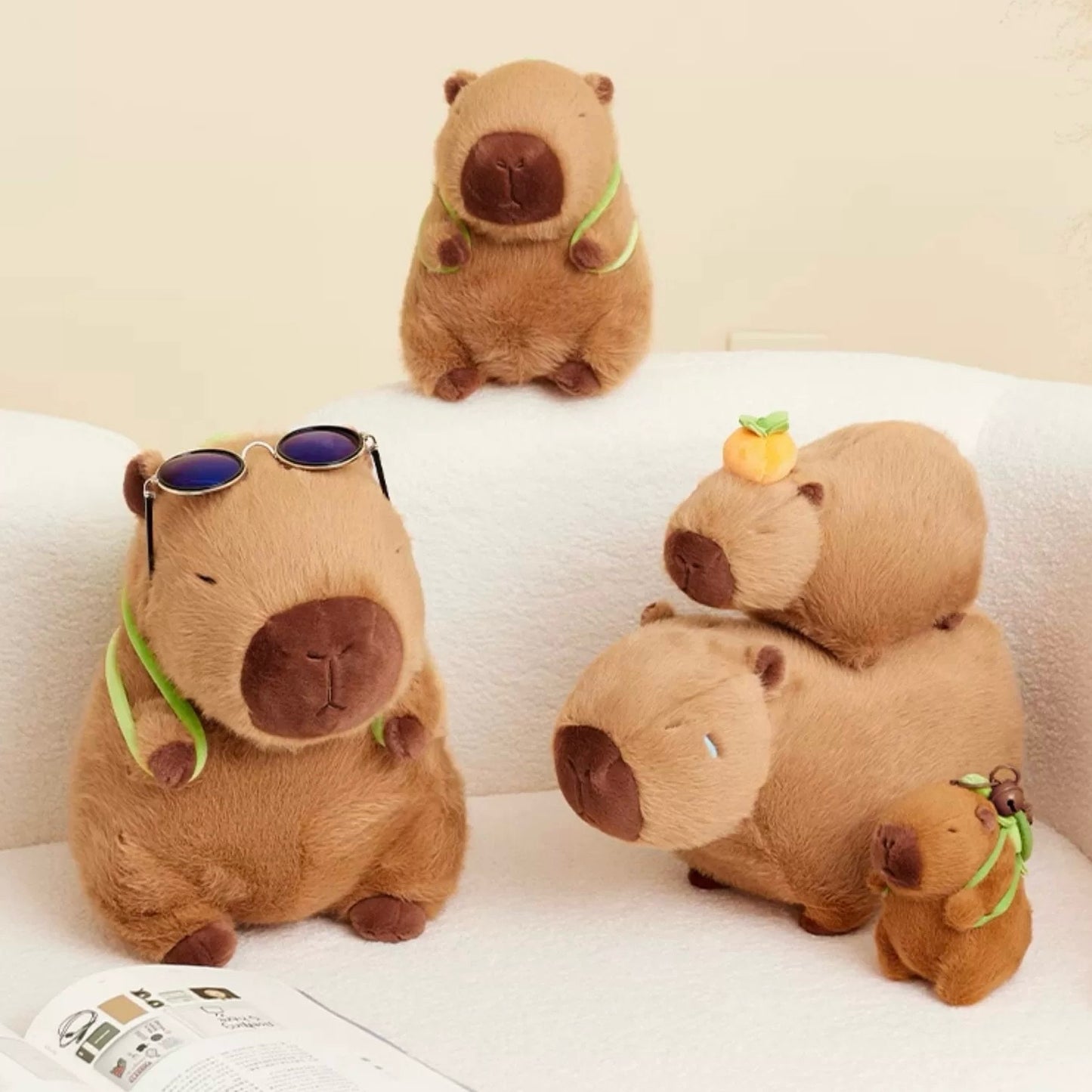 The Green Party Capybara Plush Doll | with Backpack Turtle and Orange  - 13cm 23cm 45cm 65cm Children Gift Animal mini Plush Doll Keychain Plush Doll