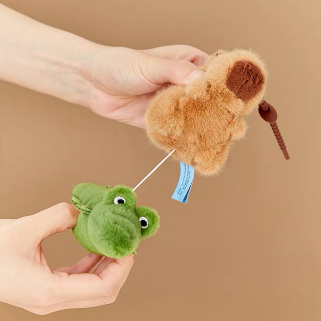 The Green Party Capybara Shaking Keychain | with Goose Fish Crocodile Dog Turtle - 13cm Children Gift Animal mini Plush Doll Keychain