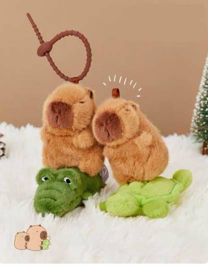 The Green Party Capybara Shaking Keychain | with Goose Fish Crocodile Dog Turtle - 13cm Children Gift Animal mini Plush Doll Keychain