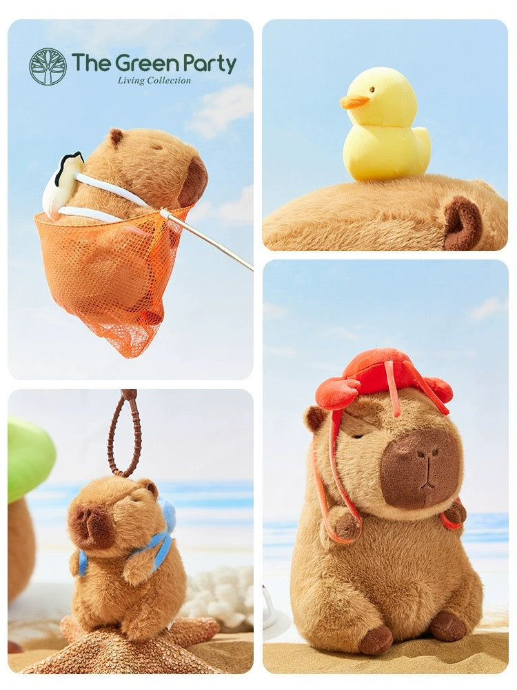 The Green Party Capybara Summer Ocean Plush Doll | with Backpack Oyster Octopus Shell Lobster Bee - 12cm 22cm 33cm 48cm Children Gift Animal mini Plush Doll Keychain Plush Doll