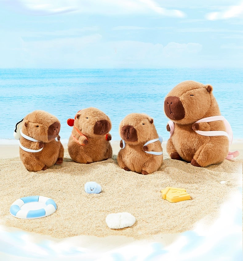 The Green Party Capybara Summer Ocean Plush Doll | with Backpack Oyster Octopus Shell Lobster Bee - 12cm 22cm 33cm 48cm Children Gift Animal mini Plush Doll Keychain Plush Doll