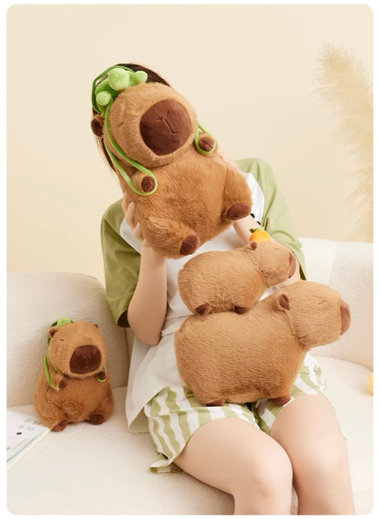 The Green Party Capybara Plush Doll | with Backpack Turtle and Orange  - 13cm 23cm 45cm 65cm Children Gift Animal mini Plush Doll Keychain Plush Doll