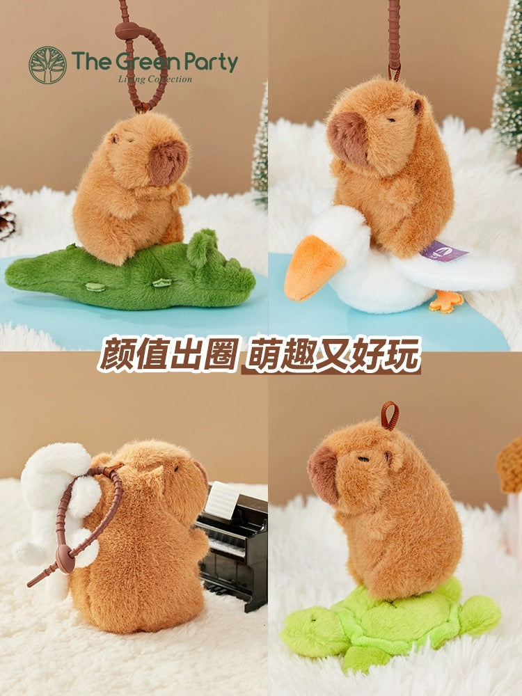 The Green Party Capybara Shaking Keychain | with Goose Fish Crocodile Dog Turtle - 13cm Children Gift Animal mini Plush Doll Keychain