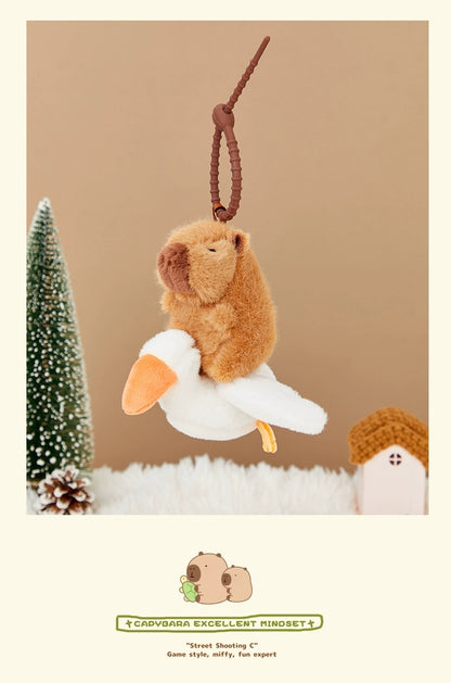 The Green Party Capybara Shaking Keychain | with Goose Fish Crocodile Dog Turtle - 13cm Children Gift Animal mini Plush Doll Keychain