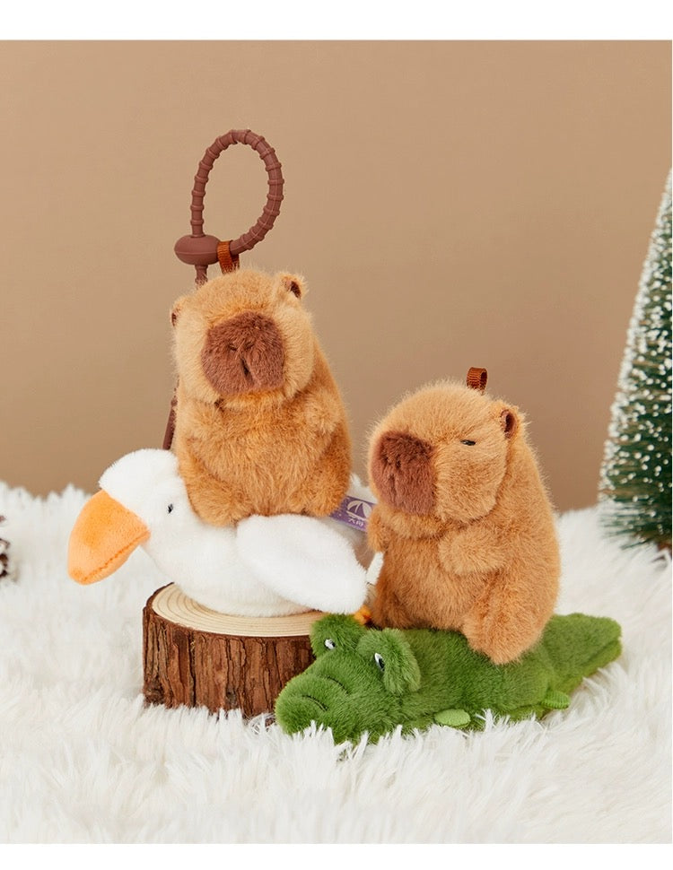 The Green Party Capybara Shaking Keychain | with Goose Fish Crocodile Dog Turtle - 13cm Children Gift Animal mini Plush Doll Keychain