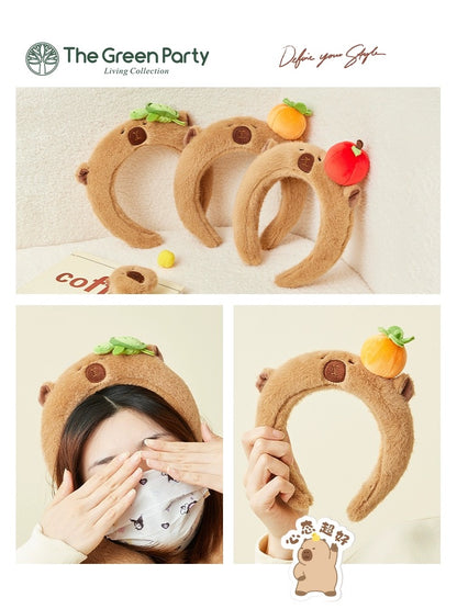 Lovely Capybara Plush Headband | with Apple Turtle Orange Hair - Makeup Kawaii items Room