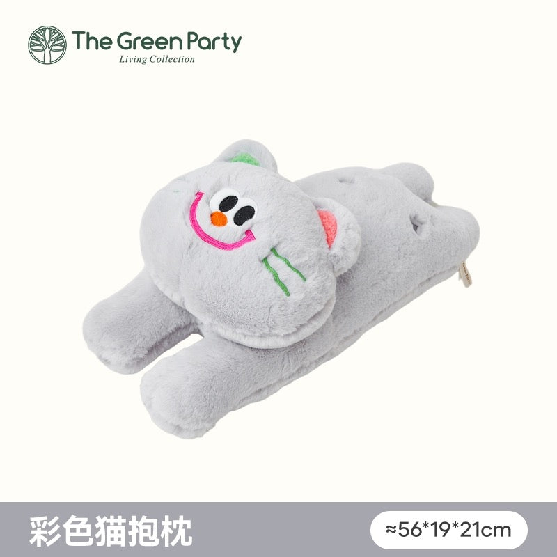 The Green Party Colourful Cat | Laying Down Grey Pink White Brown - Plush Doll Children Gift Animal