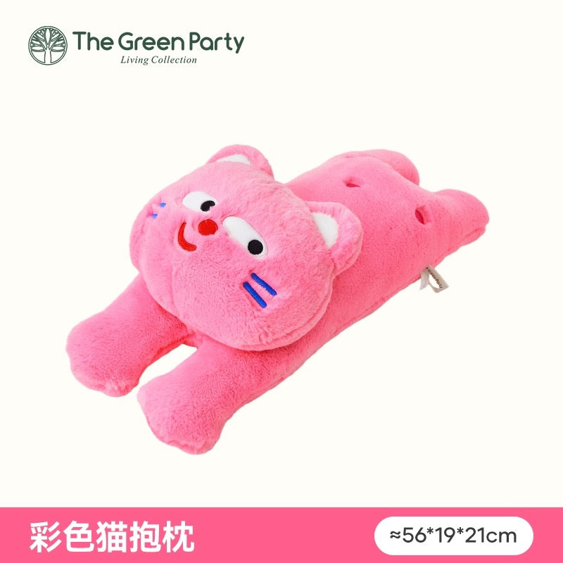 The Green Party Colourful Cat | Laying Down Grey Pink White Brown - Plush Doll Children Gift Animal