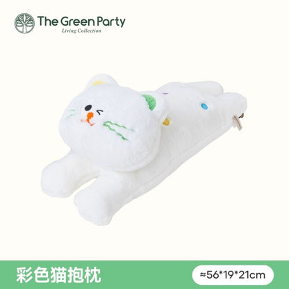 The Green Party Colourful Cat | Laying Down Grey Pink White Brown - Plush Doll Children Gift Animal