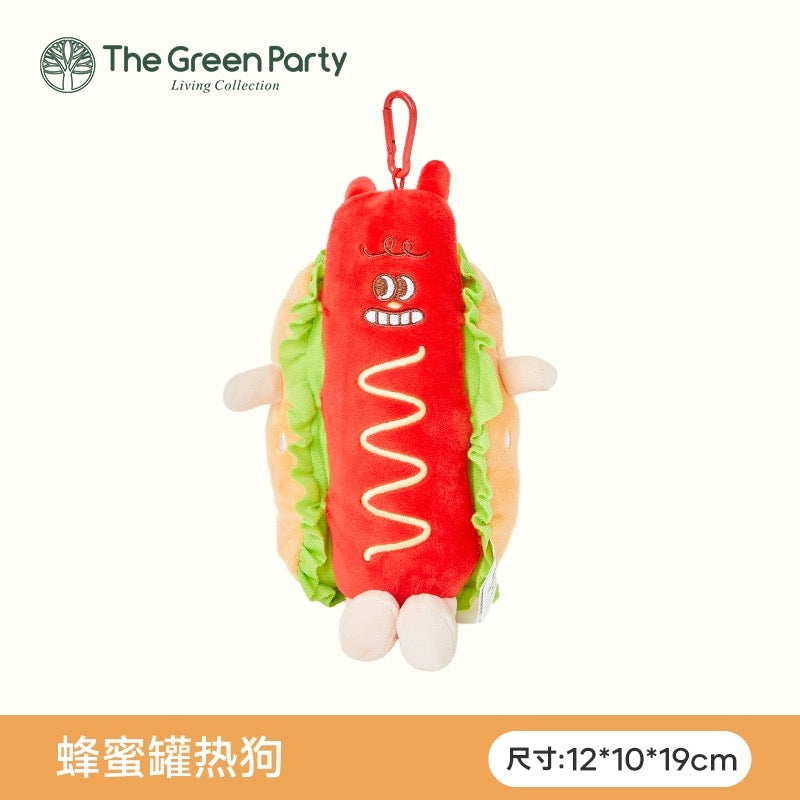 The Green Party Yummy Fast Food Family | Hotdog Hamburger Croissant Drumstick Fries Baguette Cup Noodles Toast - Small Plush Doll Keychain Children Gift Animal