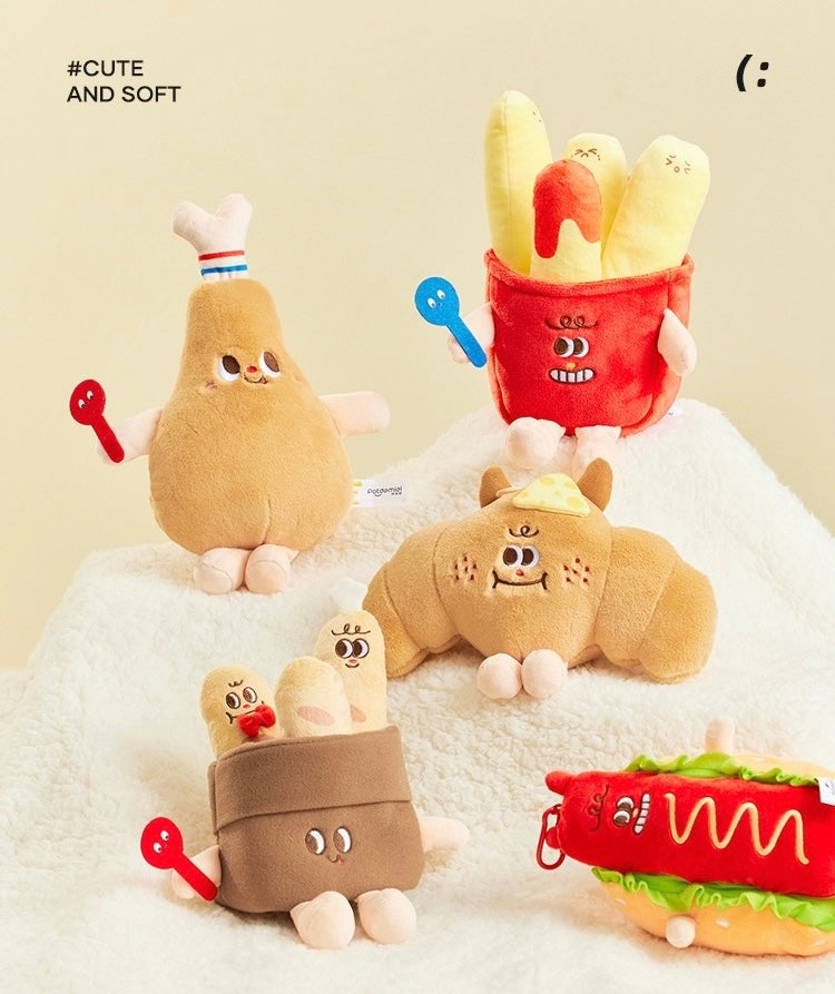 The Green Parrty Yummy Fast Food Family | Hotdog Hamburger Croissant Drumstick Fries Baguette Cup Noodles Toast - Small Plush Doll Keychain Children Gift Animal