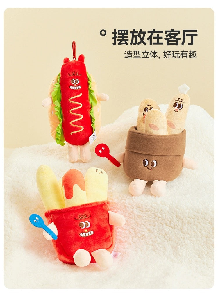 The Green Parrty Yummy Fast Food Family | Hotdog Hamburger Croissant Drumstick Fries Baguette Cup Noodles Toast - Small Plush Doll Keychain Children Gift Animal