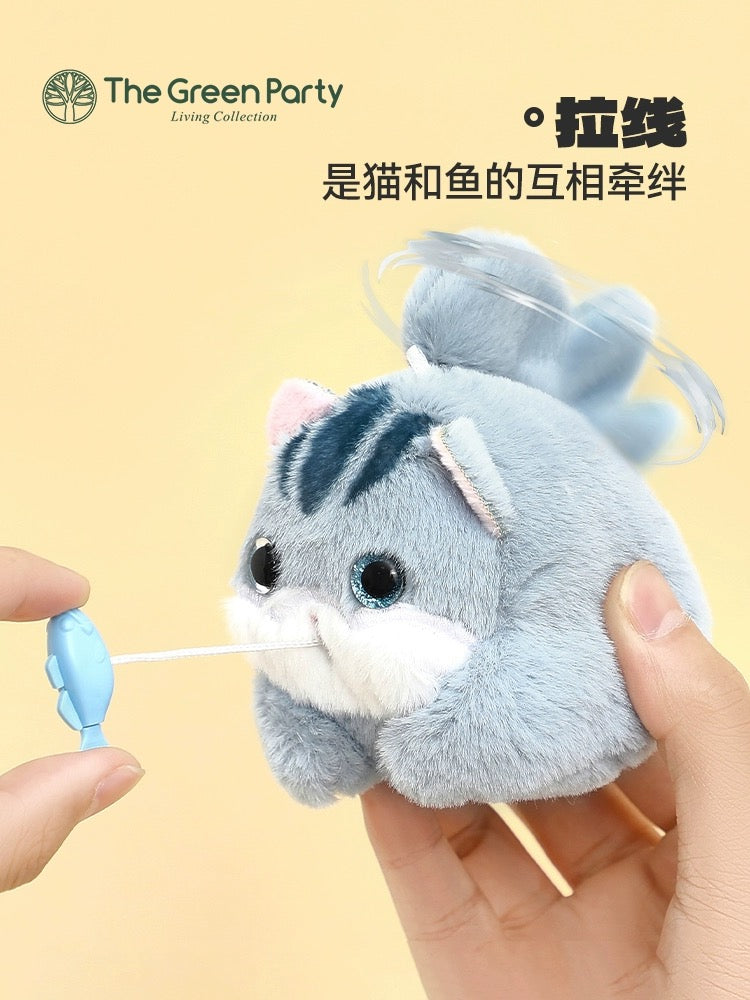 The Green Party Cuddly Toy Plush Doll | Grey Cat with Fish - 7cm Children Gift Animal mini Plush Doll Keychain Plush Doll