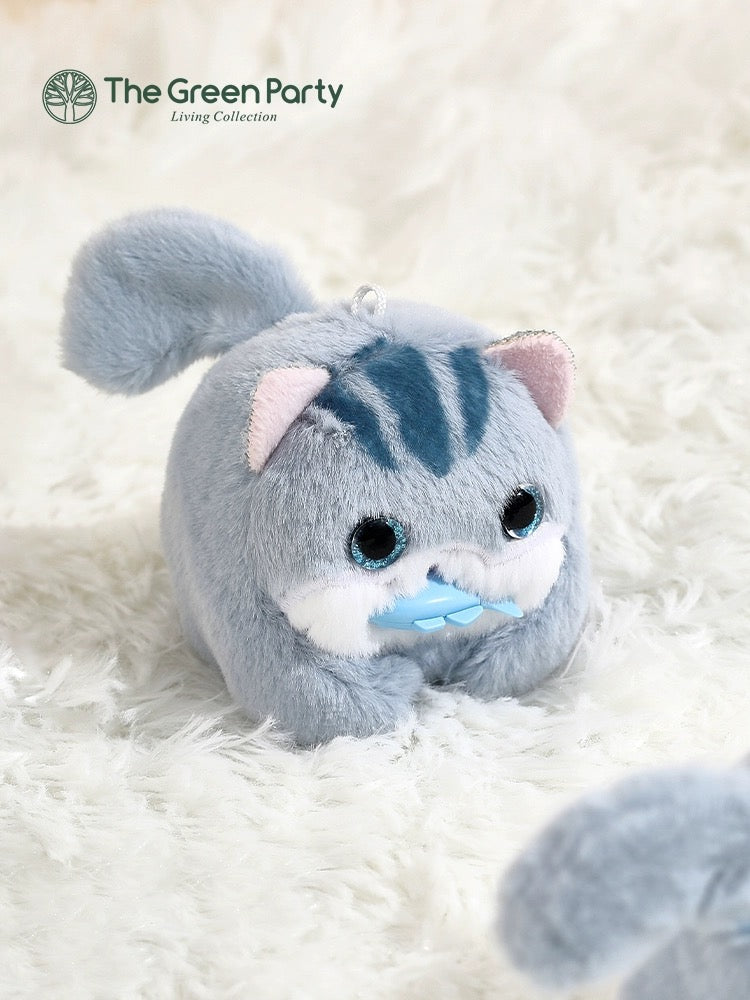 The Green Party Cuddly Toy Plush Doll | Grey Cat with Fish - 7cm Children Gift Animal mini Plush Doll Keychain Plush Doll