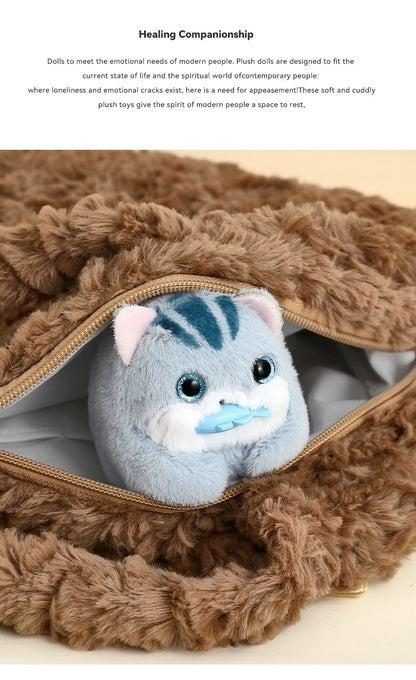 The Green Party Cuddly Toy Plush Doll | Grey Cat with Fish - 7cm Children Gift Animal mini Plush Doll Keychain Plush Doll