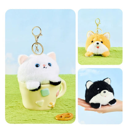 The Green Party Double Face Cat & Dog Keychain | White Yellow Grey Black  - 11cm Children Gift Animal mini Plush Doll Keychain Plush Doll